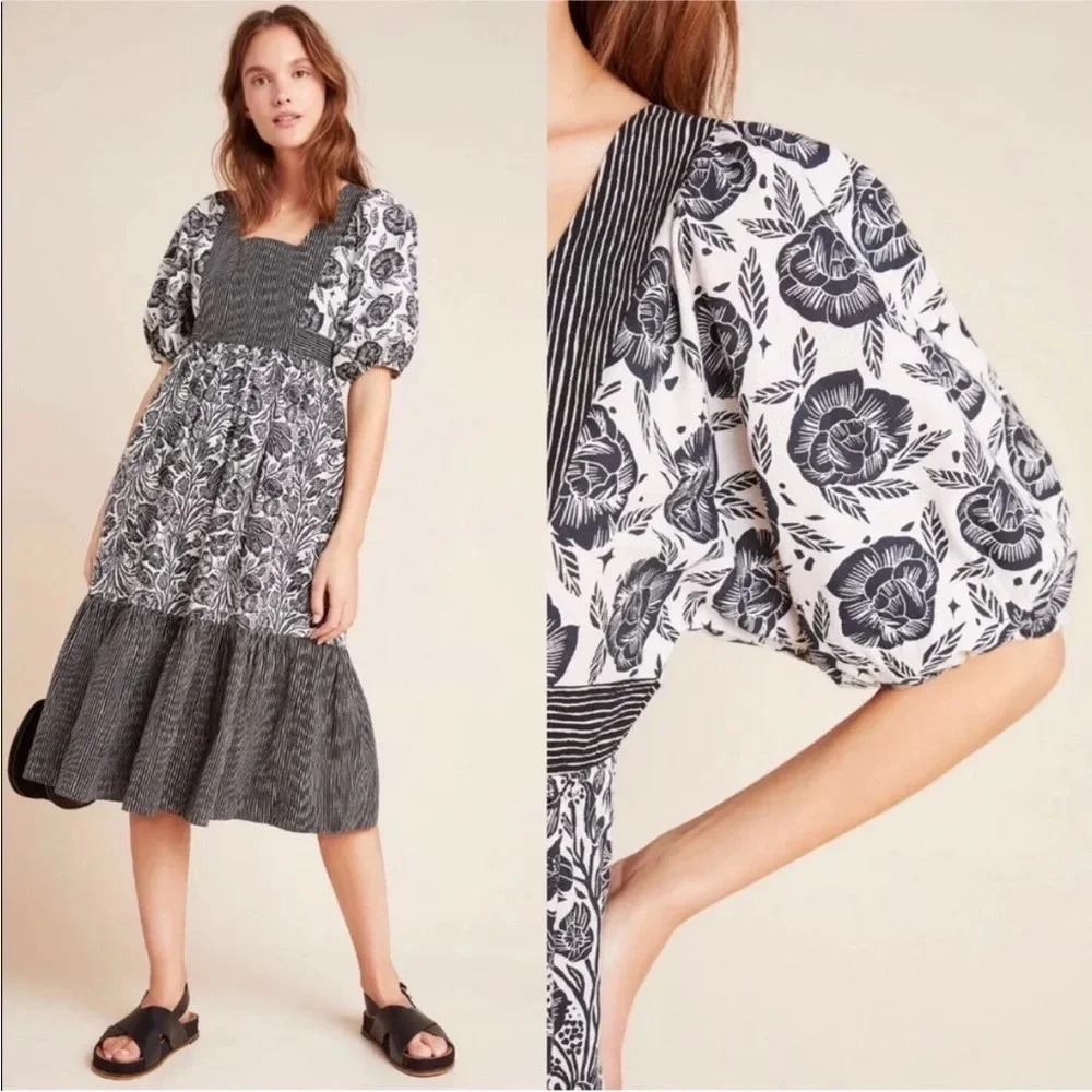 Anthropologie Bloomingprint Adrienne Puff Sleeved‎ Flounced Midi Dress